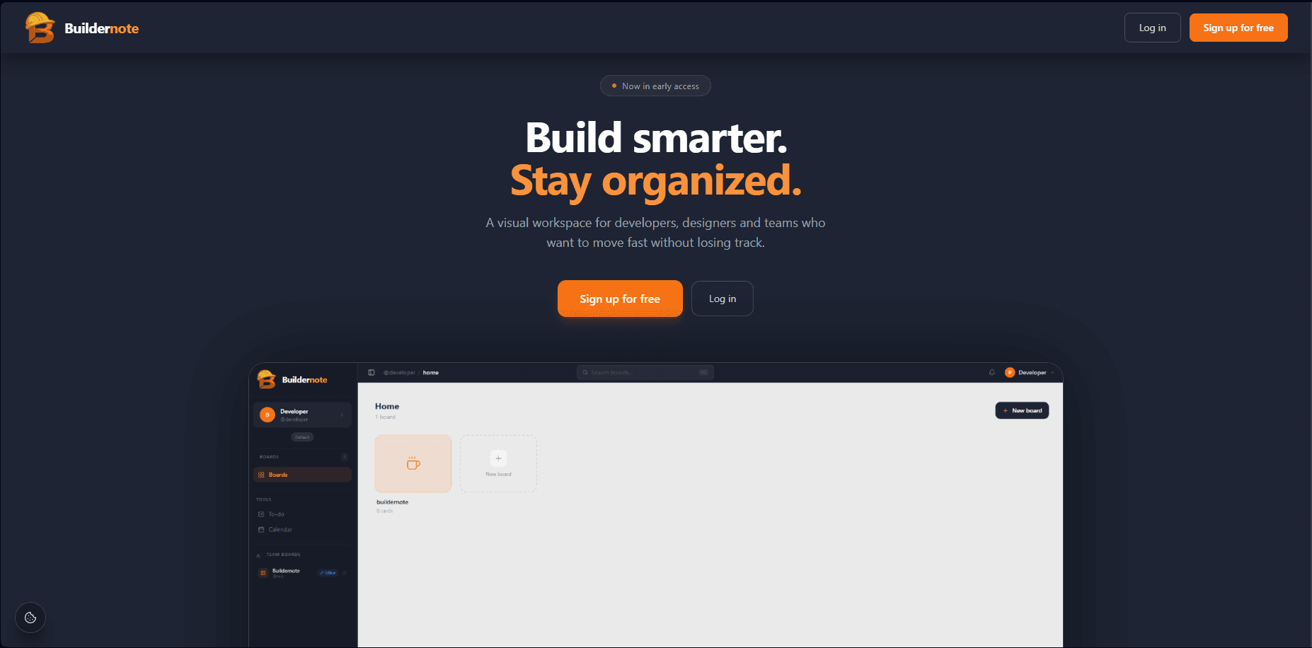 Buildernote landing page with workspace dashboard