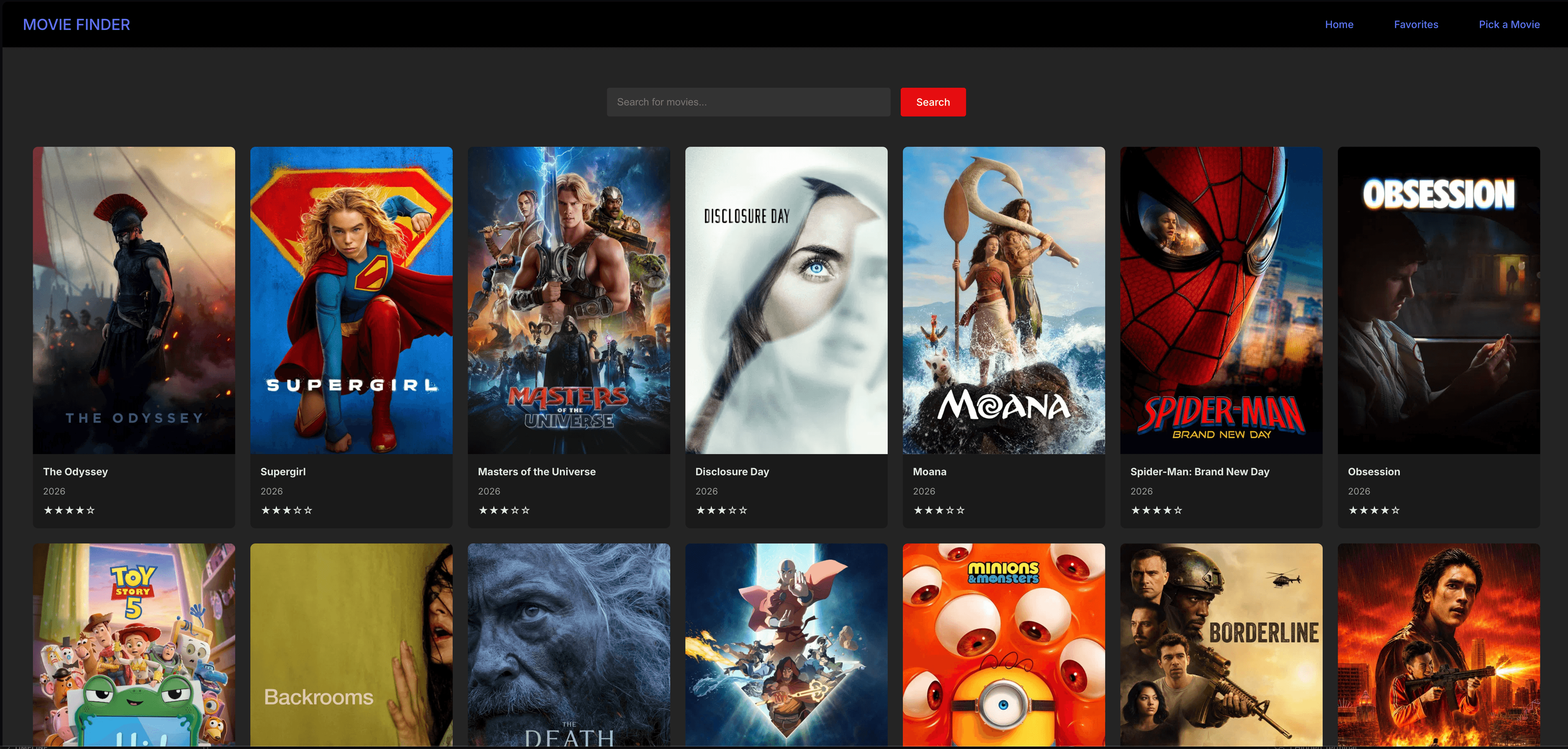 MovieFinder with a search field and a grid of movie posters
