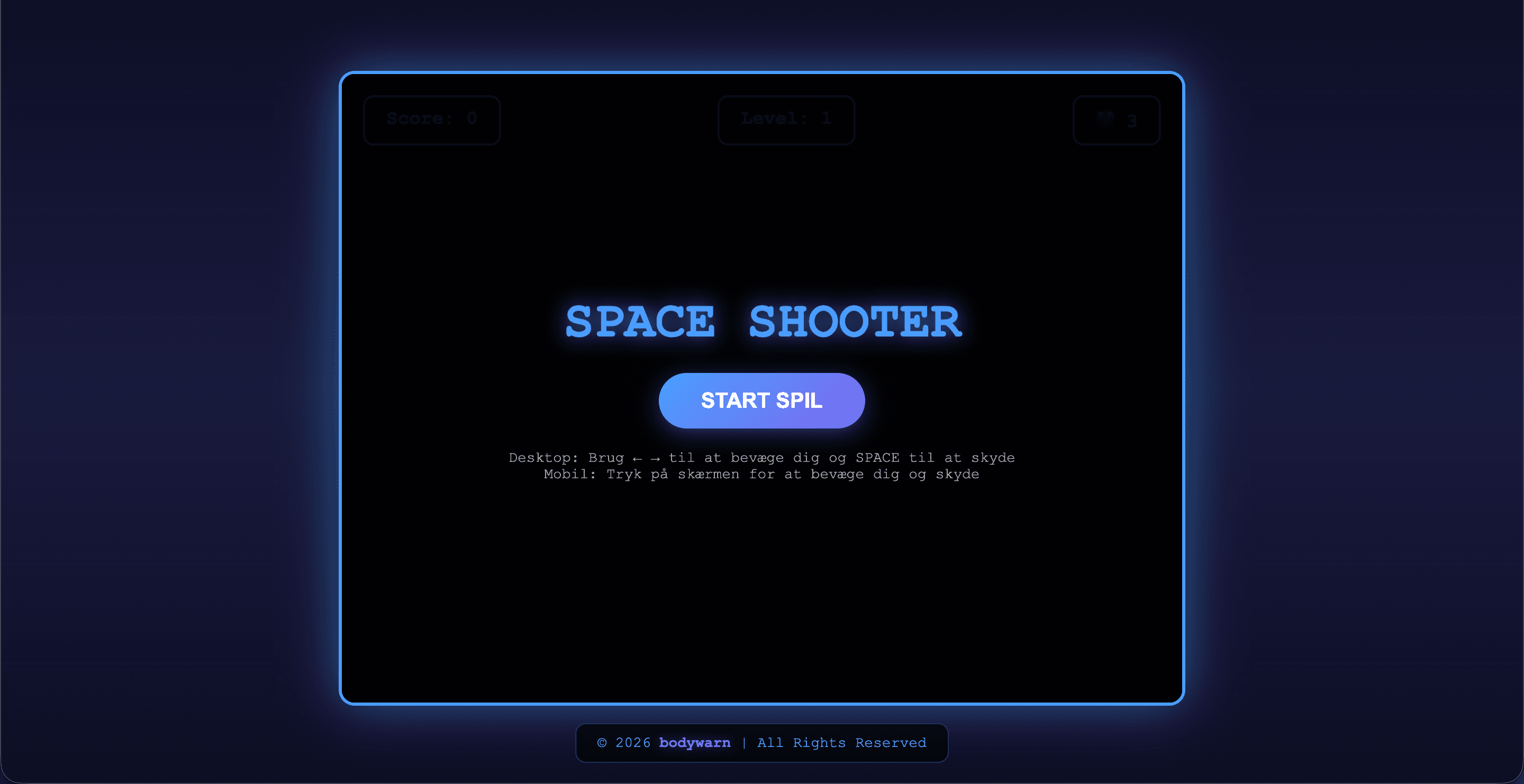 Space Shooter arcade game with neon start screen
