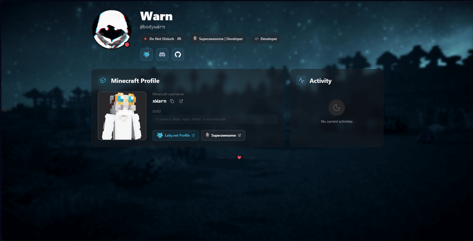 xWarn profile page with Minecraft and Discord integration